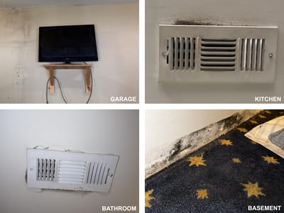 Four affected areas side by side: mold on the garage wall, around the kitchen and bathroom ceiling vents, and along a basement wall