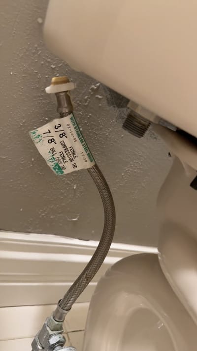 Failed braided steel supply line on the upstairs toilet that flooded the home