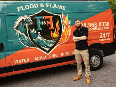 Andrew, the owner of Flood & Flame, standing in front of a branded Flood & Flame service van