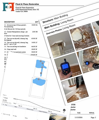 A spread of Flood & Flame documentation: a line-item estimate, damage photos with moisture-meter readings and timestamps, and a drying graph