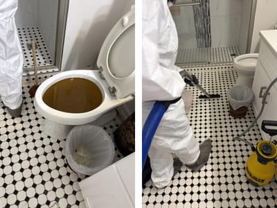 Before and after: a toilet bowl full of brown sewage water on a black-and-white tile floor, then a technician in a protective suit extracting and cleaning the same floor