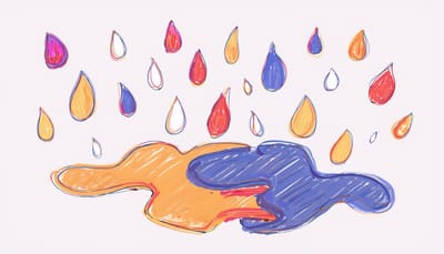 A colorful hand-drawn illustration of raindrops falling into a puddle