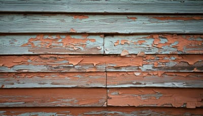 Close-up of old wood siding with cracked and peeling layers of orange and pale green paint